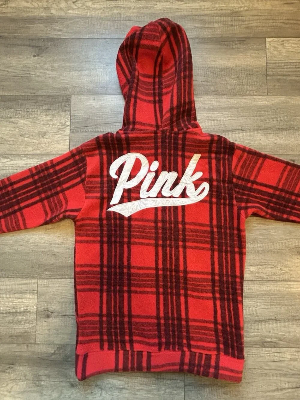 PINK Victoria's Secret Medium Polar Fleece Red Black Plaid Half-Zip Hoodie Gift - Picture 8 of 11